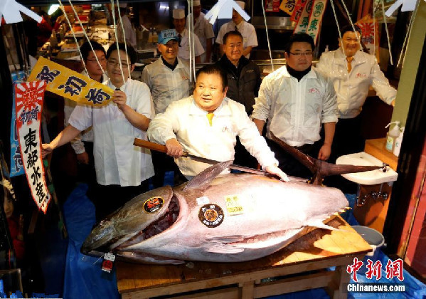 日本水产市场开市 巨型金枪鱼7400万日元成交